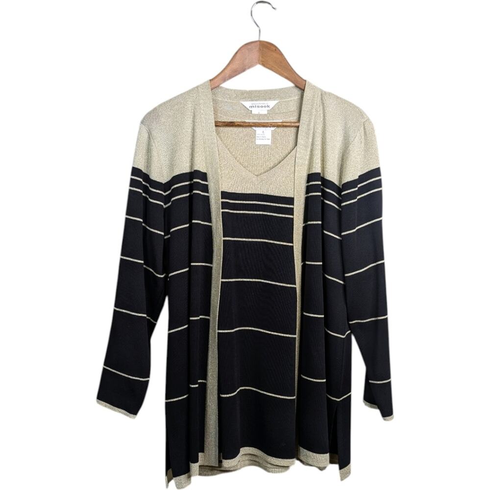 Misook Twin Cardigan Set Large Gold Metallic Black 2 Piece Jacket Tank Career